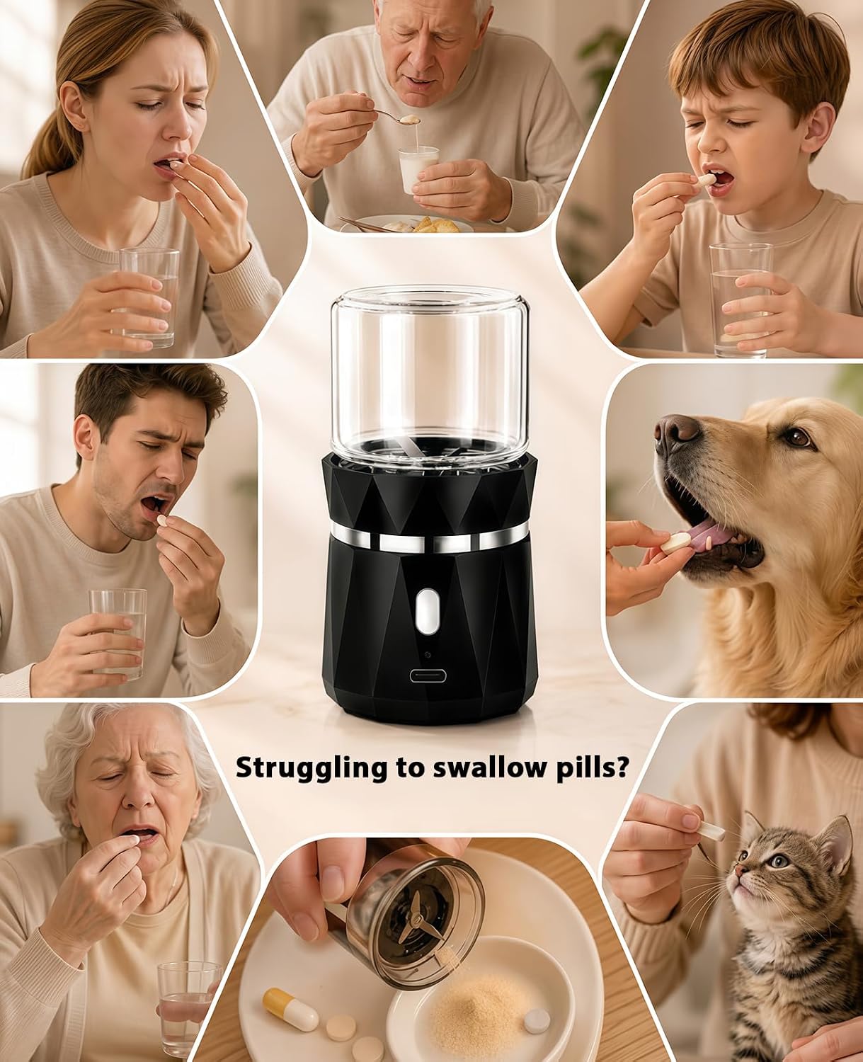 Electric Pill Crusher Grinder, Cordless Rechargeable Pill Grinder for Fine Powder, Crushes Small and Large Pills & Vitamins, Portable Tablet Pulverizer with Removable Grinding Cup for Home and Travel