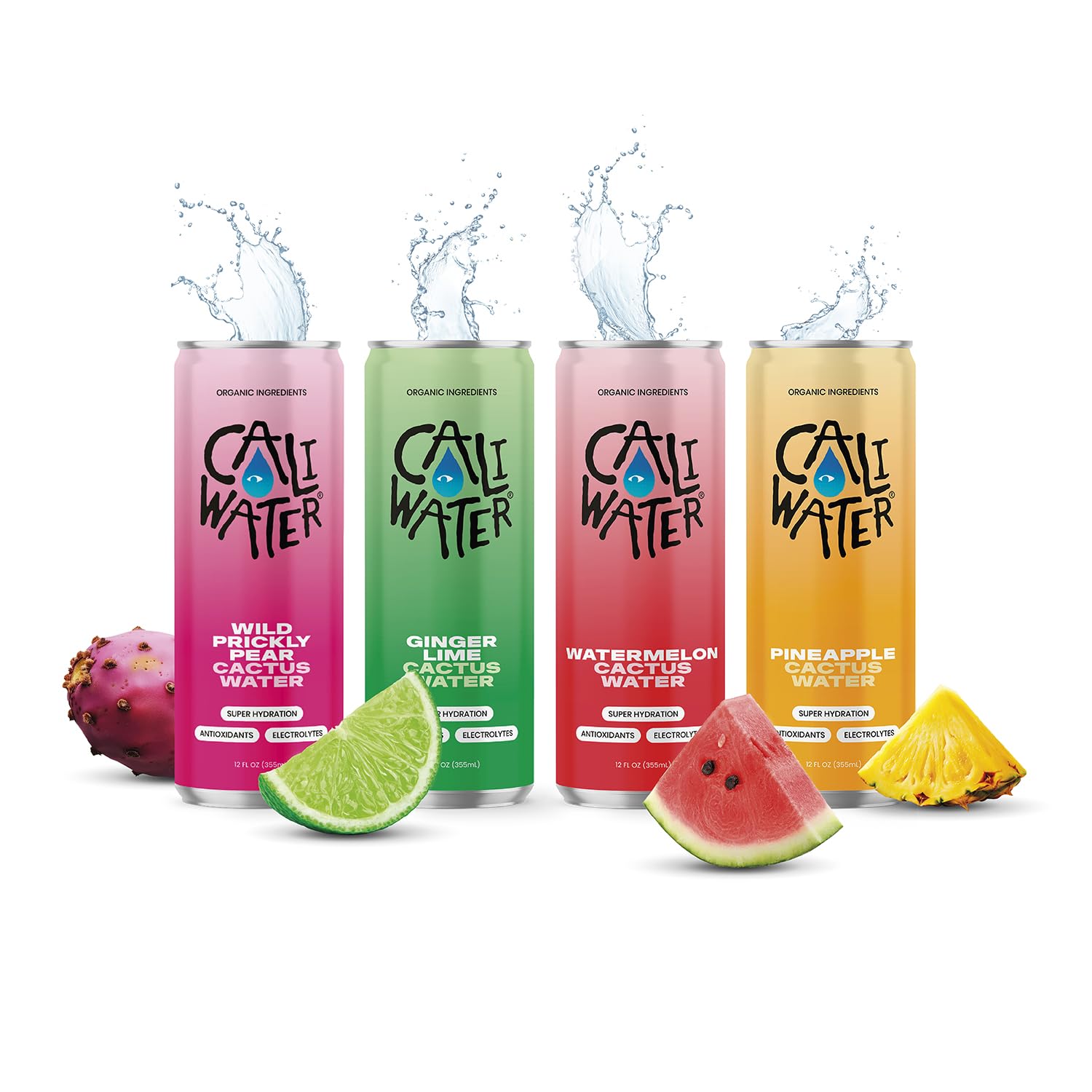 Caliwater Organic Nopal Cactus Water with Rare Antioxidants + Electrolytes for Hydration and Recovery, Plant-Based, Non-GMO, Non-Carbonated, Variety Pack, Ginger Lime & Wild Prickly Pear & Watermelon & Pineapple, 12 fl oz Cans (Pack of 4)