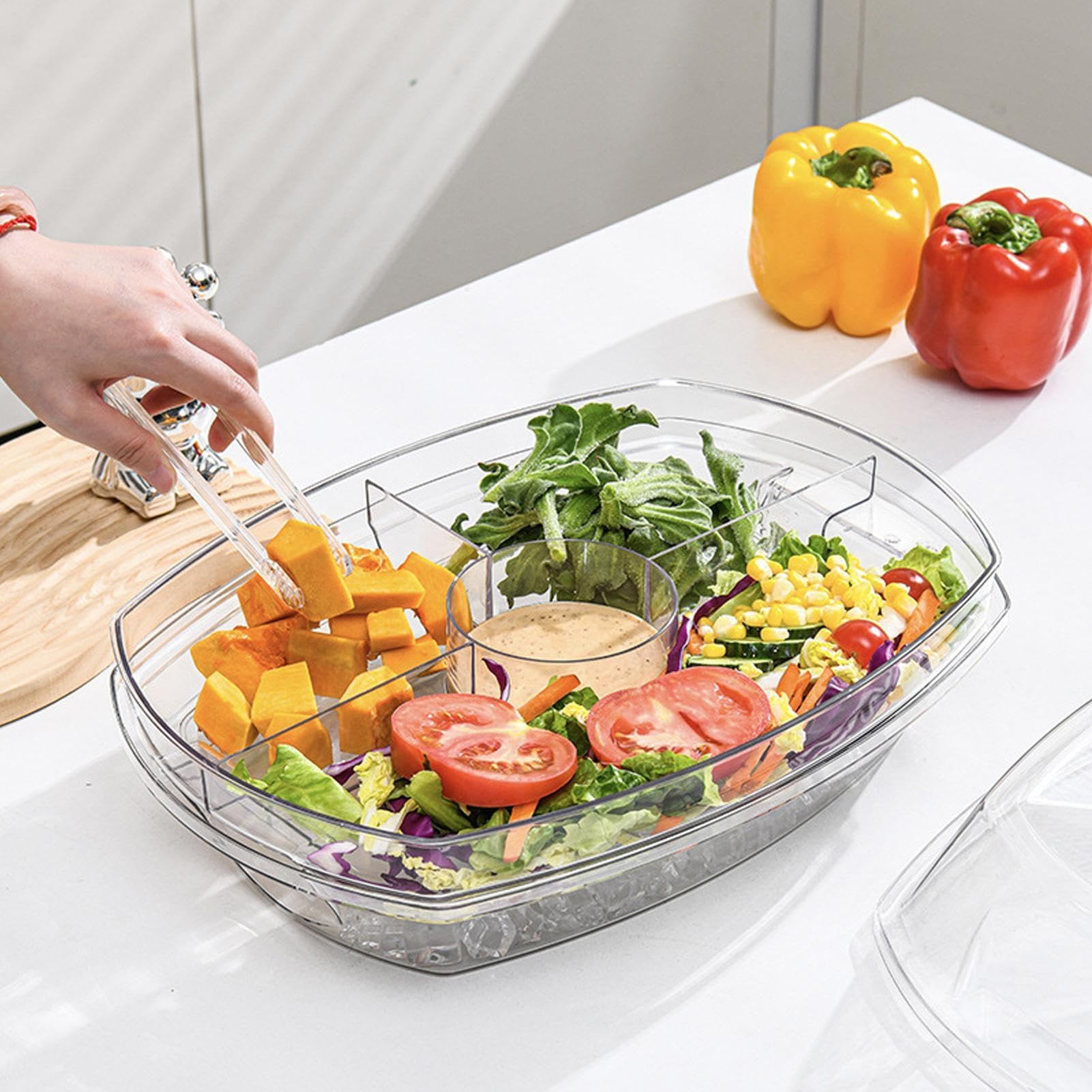 Bandejas de servir frías para fiestas, recipiente de 4 compartimentos para servir hielo con tapa, ideal para camarones, cócteles, aperitivos, postres, frutas, verduras y mariscos