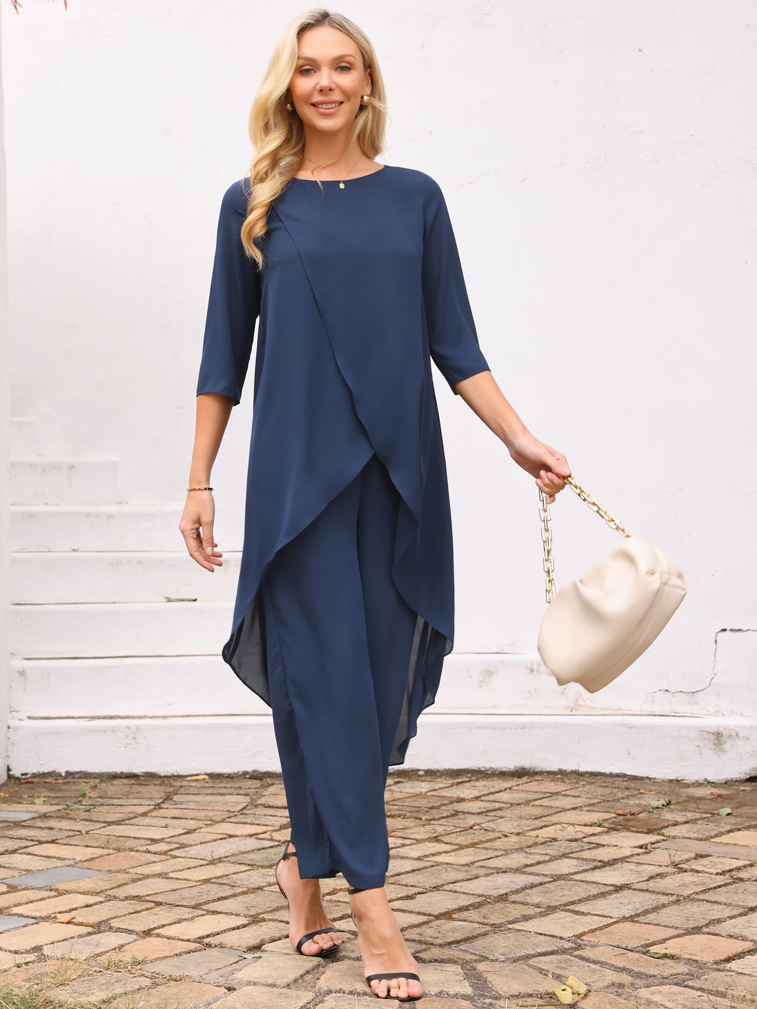 Seta T Set di 2 pezzi da donna in chiffon, estivi, con pantaloni alti e bassi, set formale per ospiti di nozze