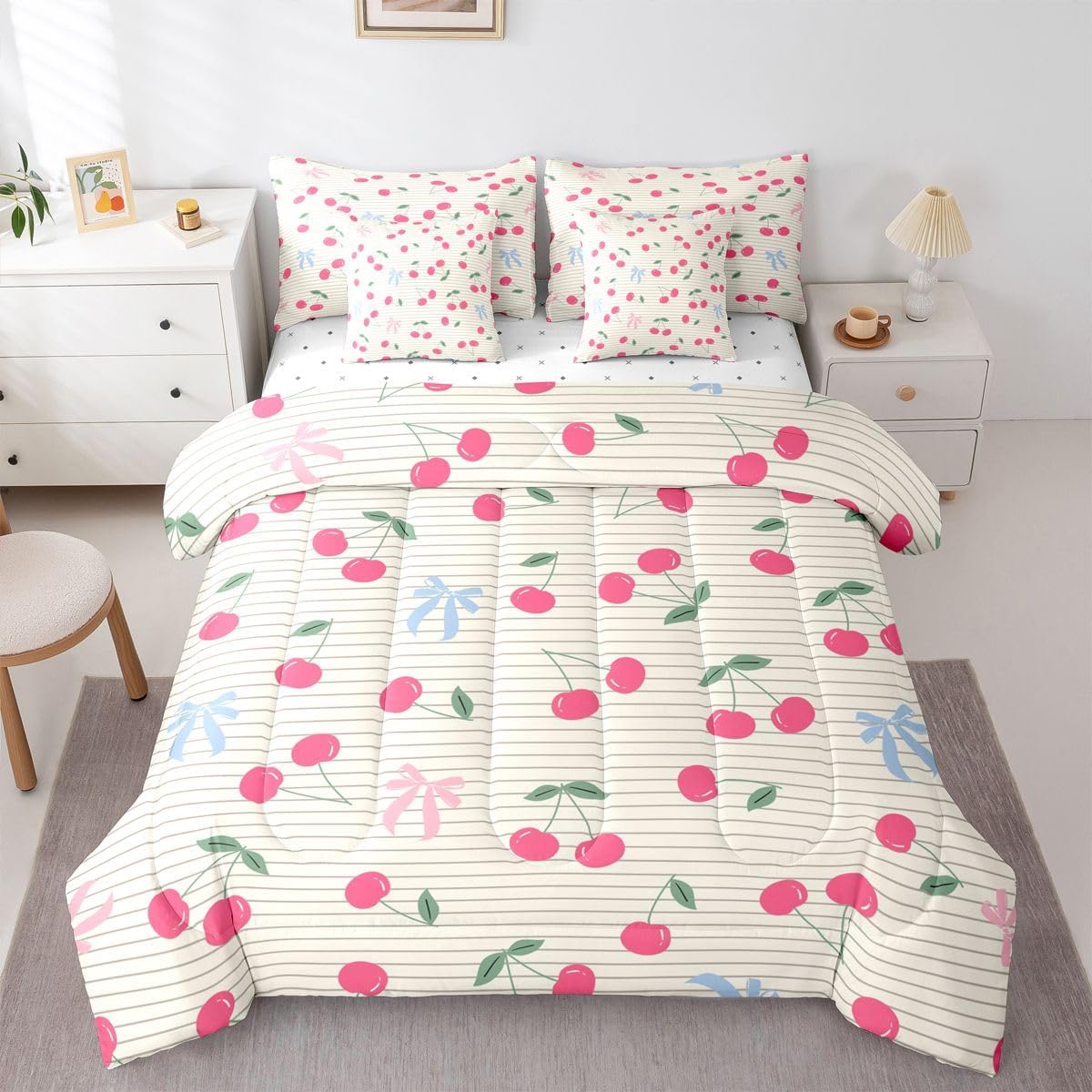 Feelyou Pink Cherry Bow Comforter Set 7 Piece Bedding Set Size,Cute Ribbon Bowknot Striped 7 Piece Bedding Set,Princess Bed in a Bag Dreamy Room Decor Aesthetic