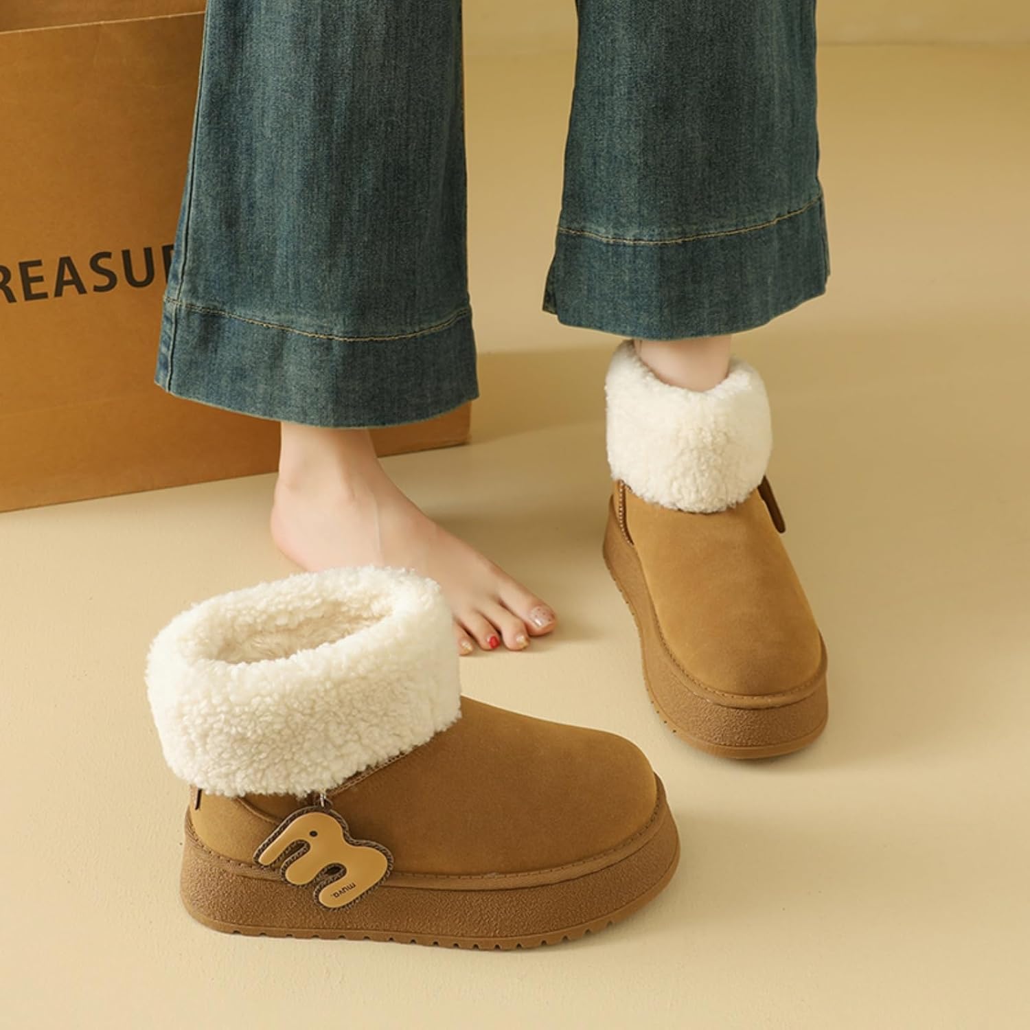 Women's Faux Fur Lined Winter Ankle Boots - Decorative Accents, Chunky Platform Sole, Cozy Warm Footwear, Non-Slip Outsole, Stylish Casual Shoes for Cold Seasons