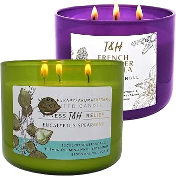 T&H Aromatherapy Soy Candles for Women & Men, Eucalyptus Spearmint & Lavender Vanilla, 3 Wick, 15.8 Oz Each, Set of 2