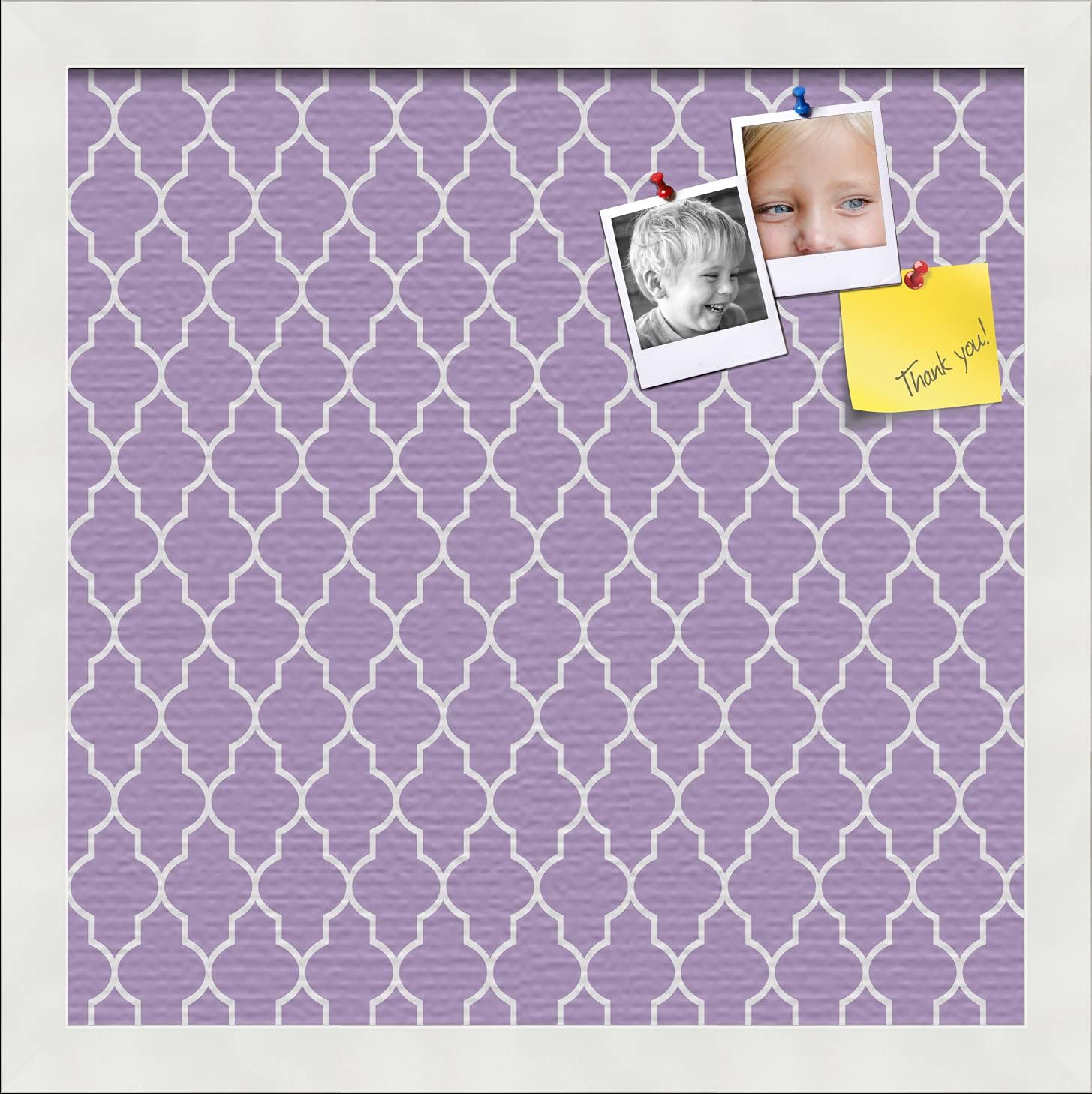 PinPix 14x14 Custom Cork Bulletin Board Quatrefoil Lt Pur Poster Board with a Canvas Style Photo Board, Framed in Satin White Frame (PinPix-489)