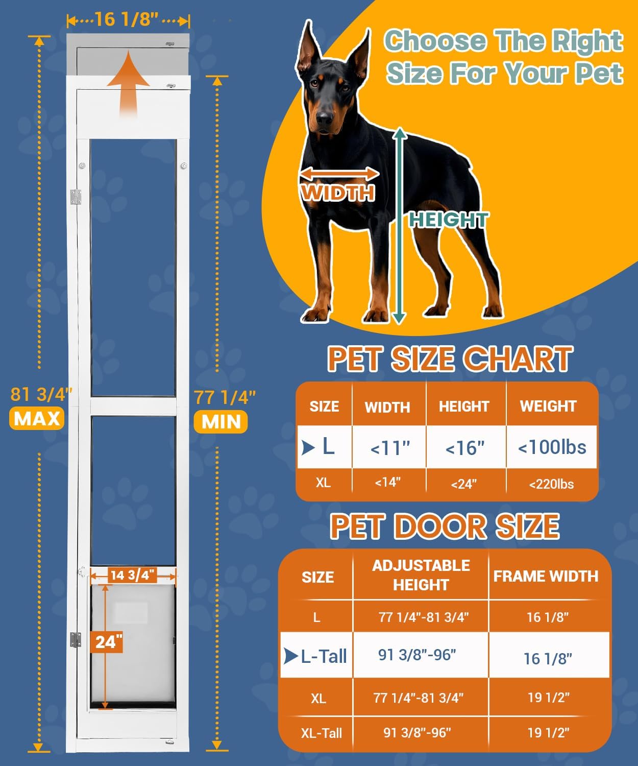 96 inch Large Dog Door for Sliding Glass Door - Left Amout from Inside, Adjustable Height: 96.38-96 in, Flap Size: 11”(W) x 16”(H)