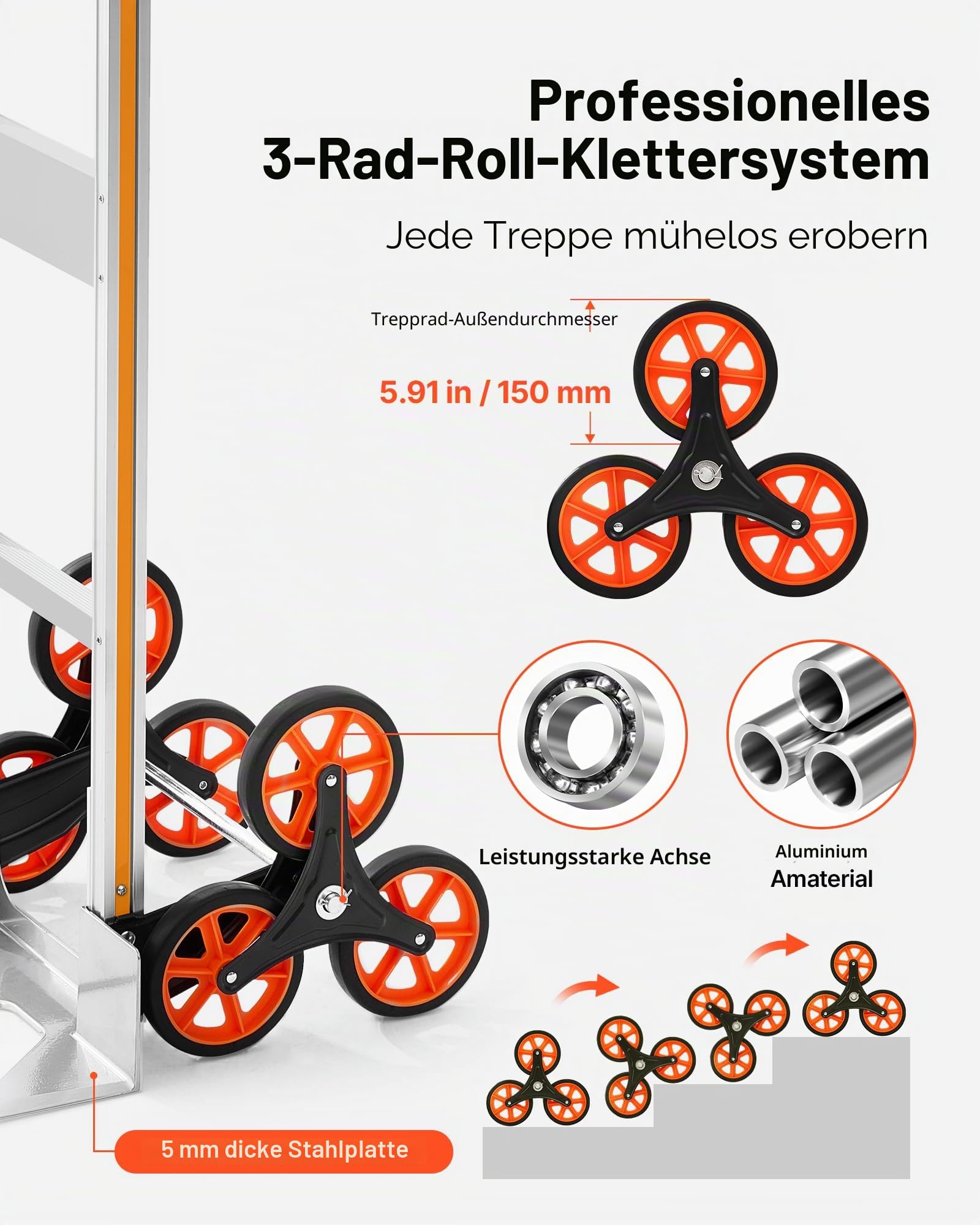 VEVOR Treppensackkarre Klappbar, Sackkarre 150 kg Tragkraft, Treppensteiger aus Aluminiumlegierung mit Teleskopgriff, 6 Rädern & 2 Spanngurten, Stapelkarre für Haushalt, Einkauf & Lager