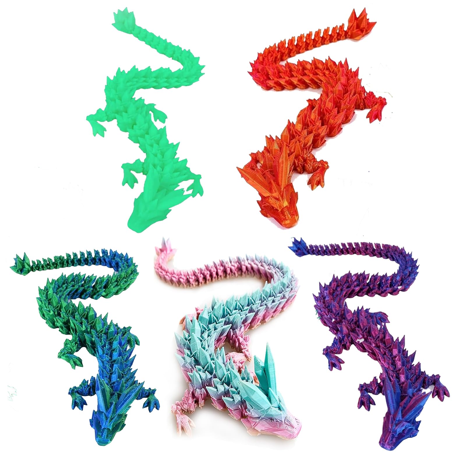 SHUWND 5pc 3D Printed Dragon Fidget Toy, Articulated Dragon, Crystal Dragon Toy, Full Articulated Dragon Crystal Dragon,Home Office Decor Executive Desk Toys
