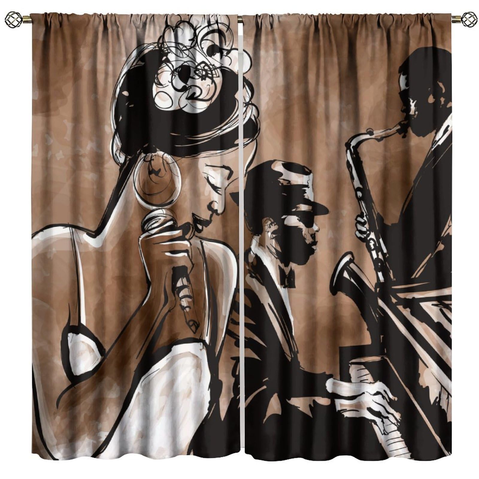 Jazz Music Curtains,Abstract Singer Piano Saxophone Orchestra Pattern Decor Rod Pocket Window Drapes for Bedroom Living Room Kitchen 42x45 Inch