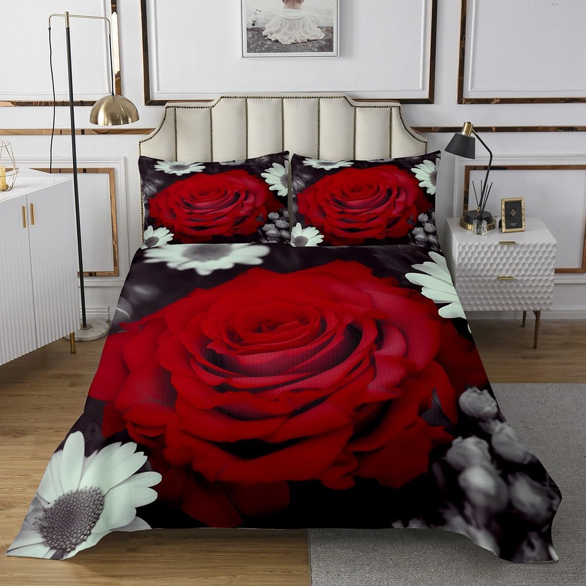 Erosebridal Red Rose King Bedding Set,Romantic Flowers Floral Bedspread Set for Teens Adult,Valentines Day Bedspread Sets,Exotic Daisy Blossom Petals Coverlet Set,3 Piece