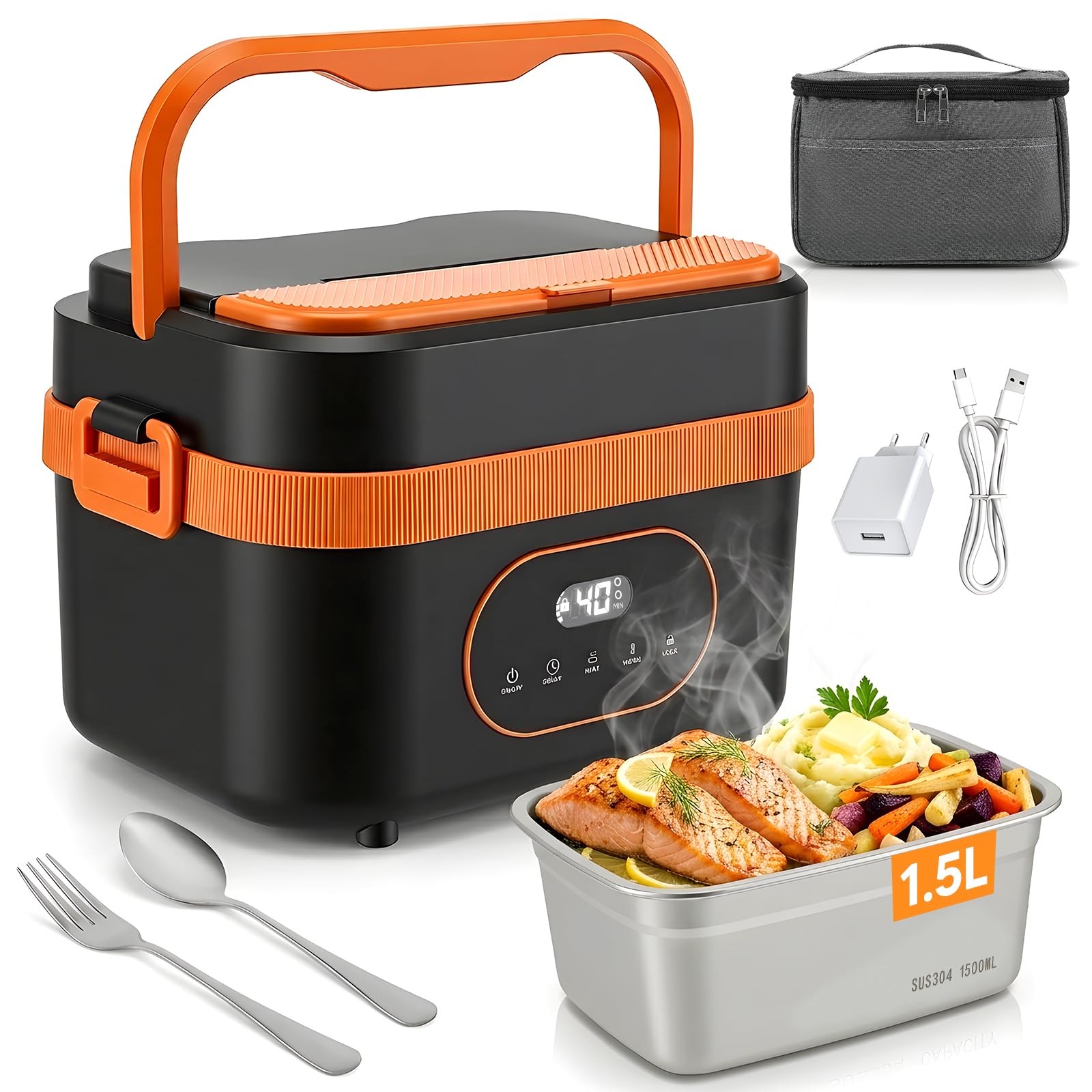 Scatola da Pranzo Elettrica Senza Fili, Scaldavivande Elettrico con Posate e Borsa Termica, A prova di perdite, 18000 mAh, 1,5L portapranzo riscaldato ricaricabile in acciaio inox per Auto, ufficio