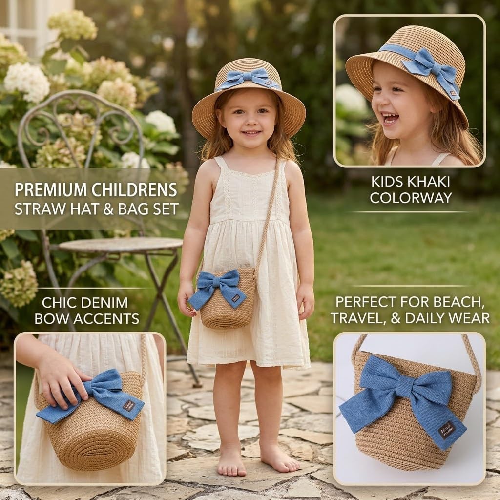 4 Pack Kids Straw Sun Hat and Bag Set - Girls Summer Beach Hat with Bowknot, Breathable Wide Brim Sunhat for Outdoor Travel - Khaki and Cream
