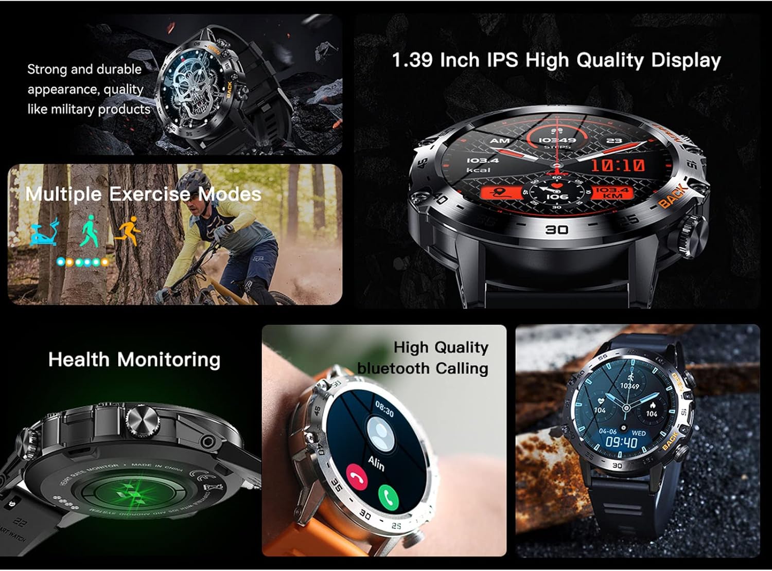 Diyeeni K52 Smart Watch for Men, Outdoor Bluetooth Sports Watch, 1.39in HD Fitness Sleep Monitor for Android iOS, with Pedometer Sport Mode