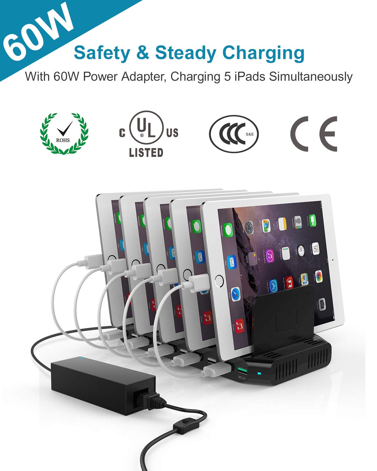 Unitek Estación de carga rápida con carga rápida 3.0, estación de carga multiUSB para múltiples dispositivos, iPhone, iPad, tablet, Kindle-negro (certificado UL)