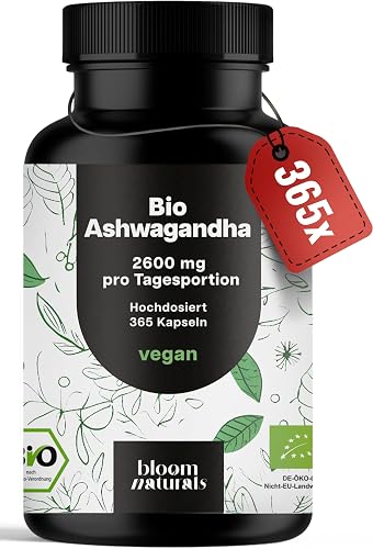 Bio Ashwagandha hochdosiert – 365 Kapseln – 2600 mg KSM-66® pro Tag