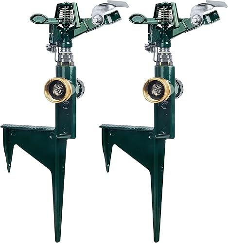 Hourleey Paquete de 2 aspersores de impacto para patio, cabezal de rociador de agua pulsante ajustable en pico escalonado, rociador de césped de