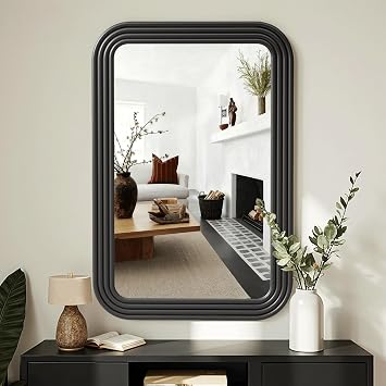 AMOISE Bathroom Mirror for Wall, 36"x24" Farmhouse Wall Mounted Full Length Decorative Mirror with Tempered Glass, Natural Wooden Frame Vanity Mirror for Bedroom, Living Room, Entryway,Black Rounded