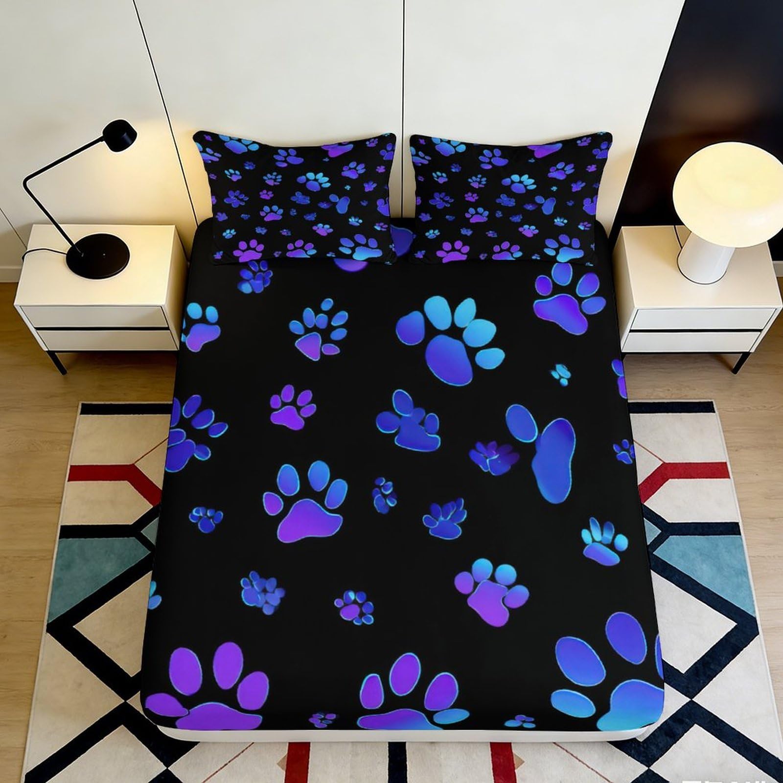 3D Printed Neon Paw Fitted Sheet Microfiber Soft Anti-Slip Galaxy Paw Mattress Cover for Bedroom Dorm Decor 120x200cm 160x200x25cm