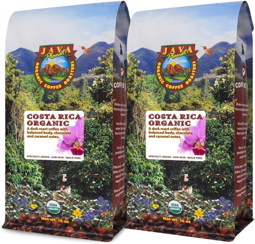 Low Acid Organic Coffee – Whole Bean, Mold-Free & Stomach Friendly by Java Planet, Costa Rican Single Origin Coffee, Dark Roast, Smooth Full Flavored, 2x1LB Bag