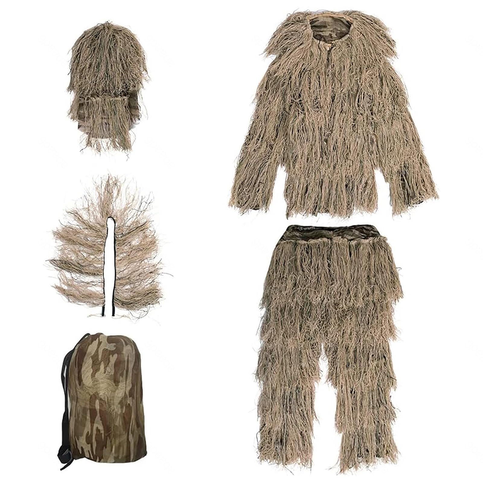 5-Teilige 3D Ghillie Suit Camouflage Jagdbekleidung Tarnanzug Herren Einschließlich Jacke,Hose,Kapuze,Tragetasche Jagdbekleidung Herren für Unisex Erwachsene/Jugendliche,DryGrass-Kids