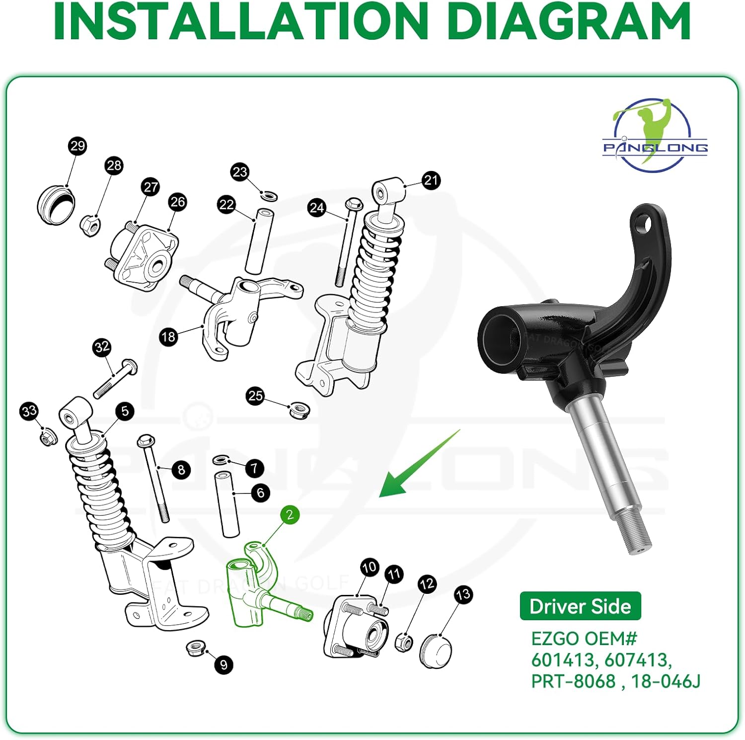 Panglong EZGO RXV Golf Cart Driver Spindle Assembly-Front Spindle Left, Suitable for 2008-Up EZGO RXV G & E, EZGO RXV Spindle Left Side Replace OEM# 601413 607413