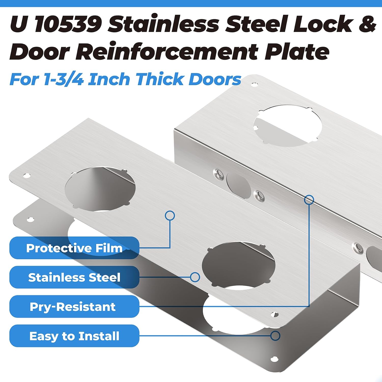 2 Pack U 10539 Stainless Steel Lock and Door Reinforcement Plate for 5-1/2 in, 2-3/8 x 1-3/4 in Doors, Stainless Steel Finish for Reinforcing and Repairing Doors