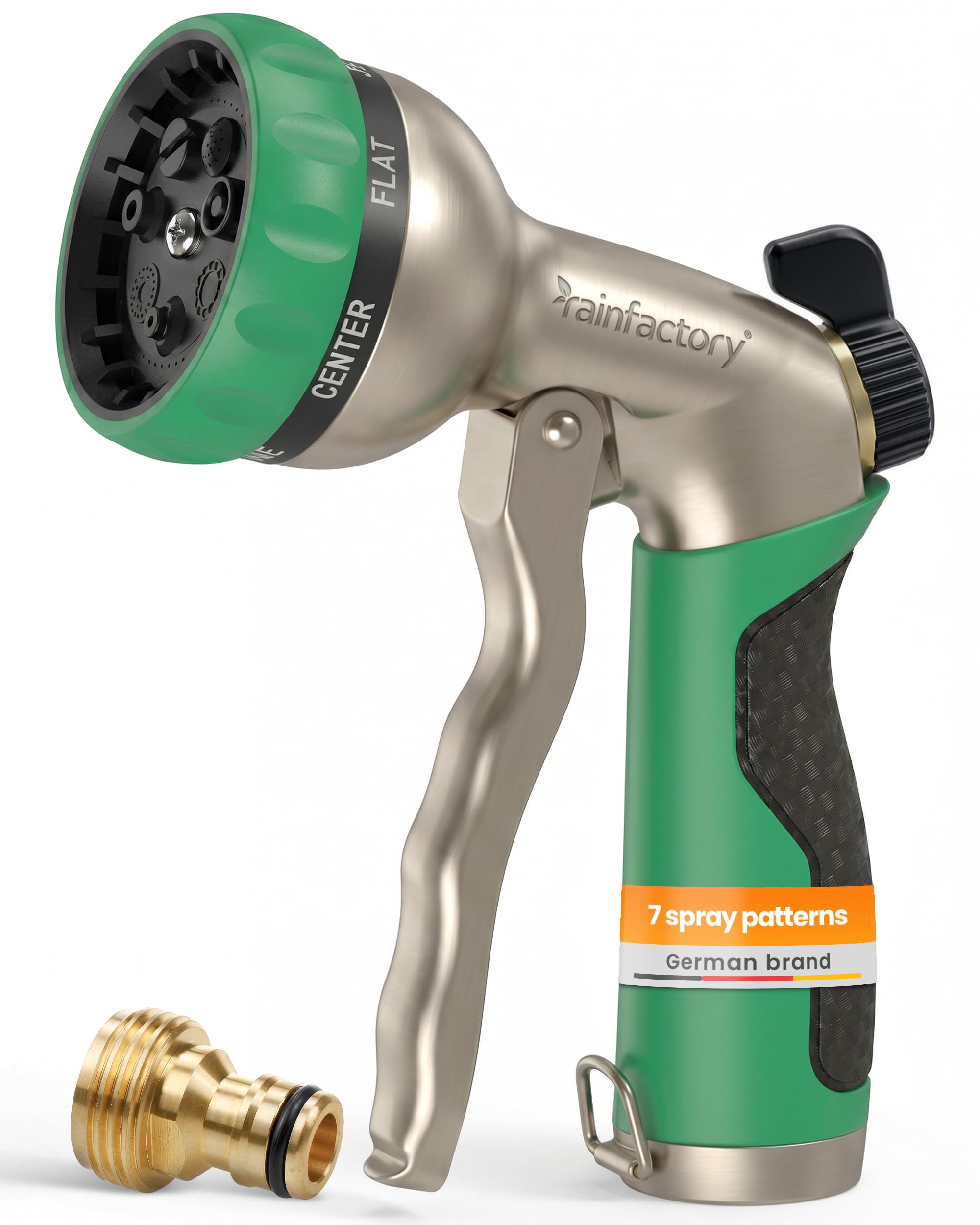 rainfactory Hose Pipe Spray Gun Metal 7 Spray Patterns High Pressure – Garden Hose Spray Gun with Flow Control – Heavy Duty Hose Gun and Hose Nozzle for Watering, Cleaning, Car, Patio, Lawn and Plants