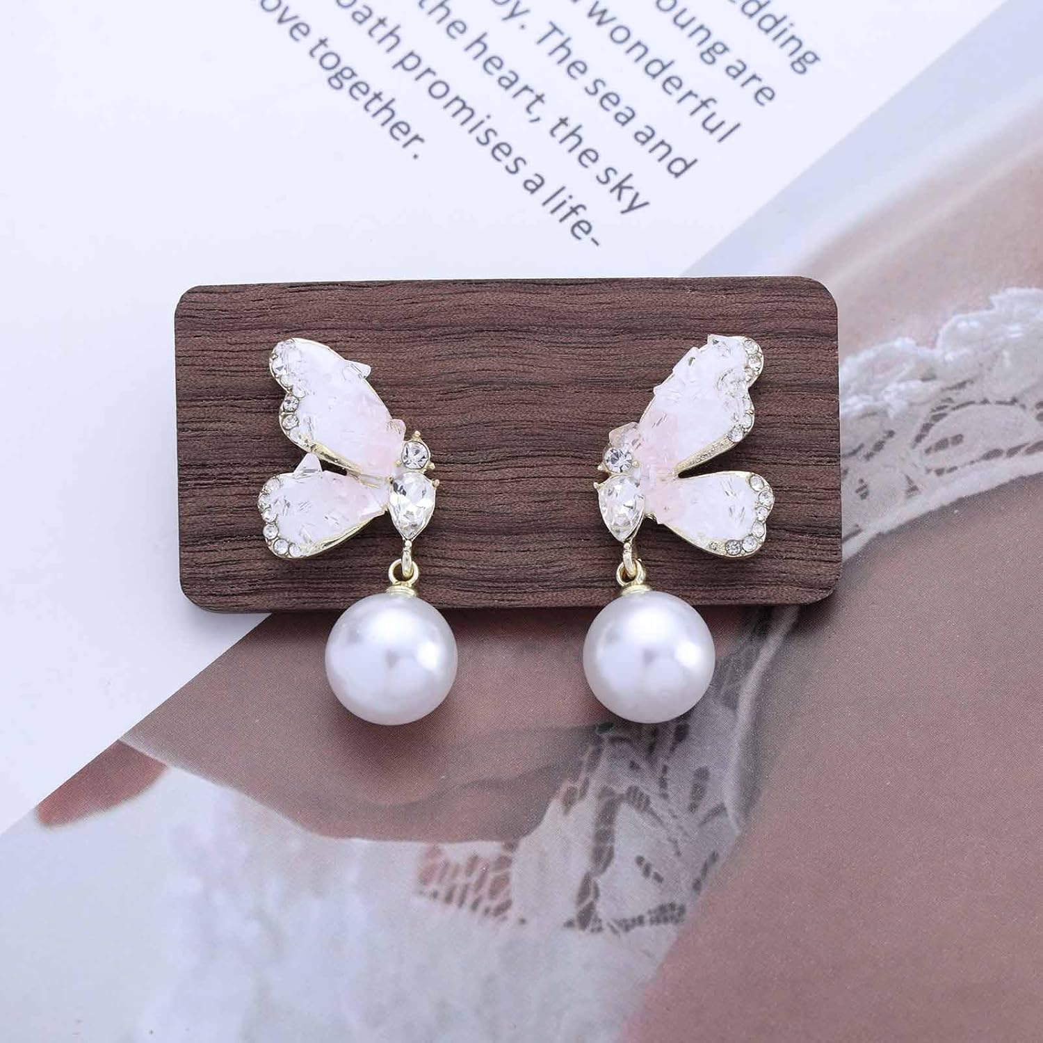 Bohemian Crystal Butterfly Dangle Earrings White Round Pearl Drop Earrings Cz Butterfly Stud Earrings Rhinestone Butterfly Pearl Earrings Jewelry for Women Gifts(Blue) - Image 4