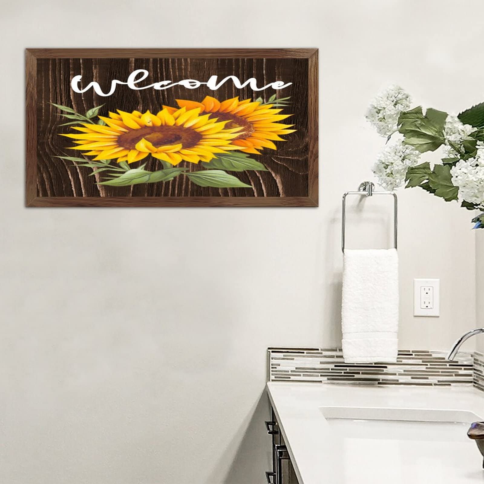 NA wisząca drewniana tabliczka ścienna witamy słonecznik dekoracyjna drewniana tabliczka znak z powiedzeniami dekoracyjna grafika dekoracja znaki do kuchni ganku 30 x 55 cm