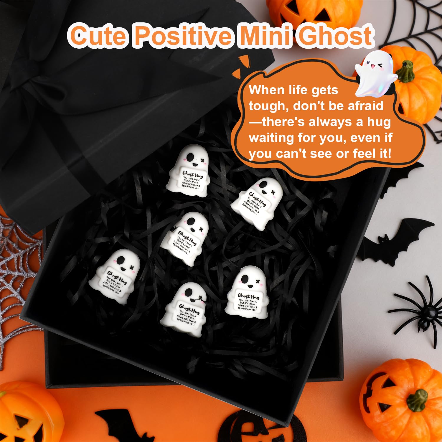 48pcs Mini Resin Positive Ghosts, PVC Cute Small Ghosts Statues Figurines with Printed Slogan Funny Tiny Support Toys Suitable for Home Office Halloween Party Decoration - Image 3