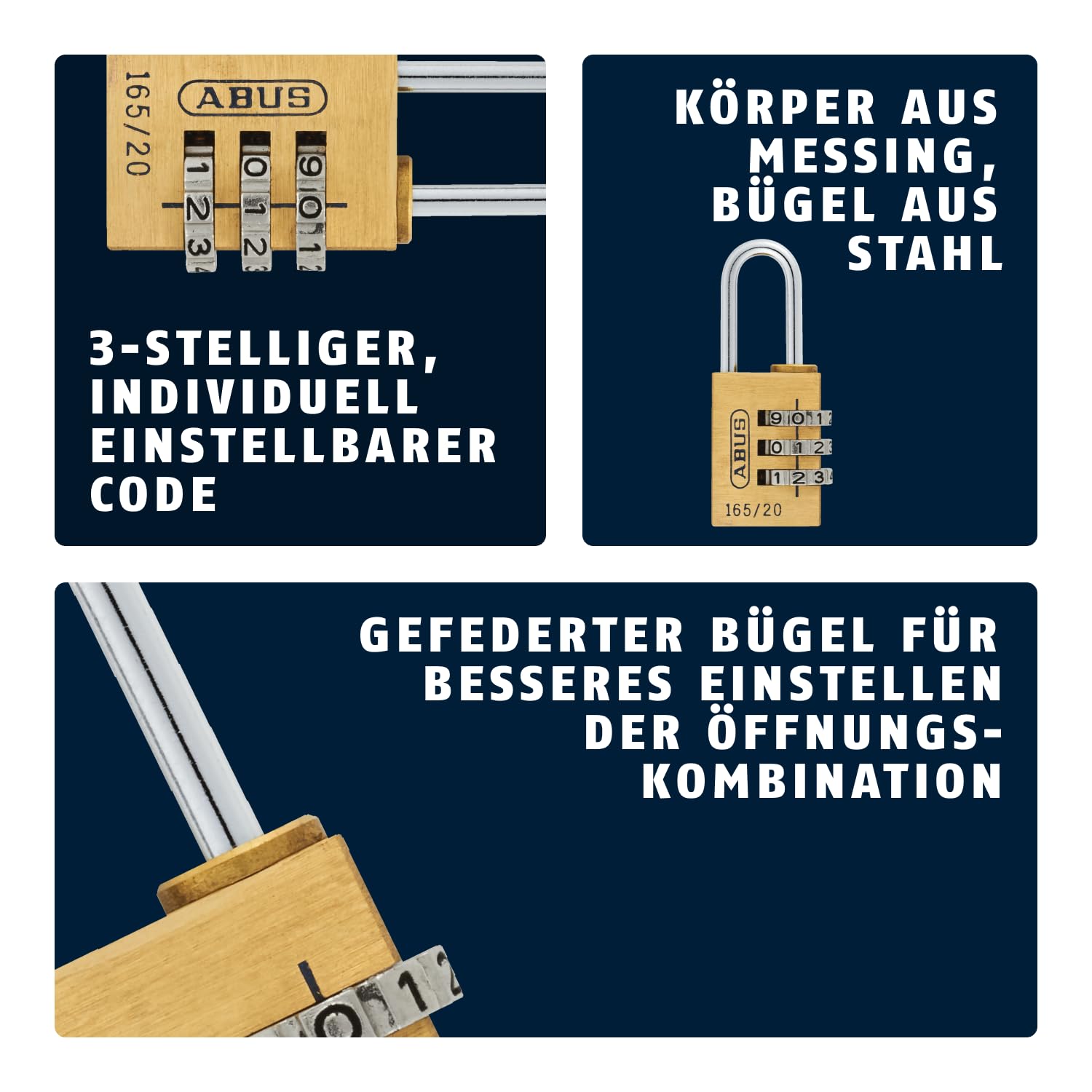 ABUS Zahlenschloss 165/20 - Vorhängeschloss aus Messing - mit individuell einstellbarem Zahlencode - Kofferschloss / Spindschloss - ABUS-Sicherheitslevel 3 | 3-stelliger Zahlencode ohne Schlüssel - Kofferschloss & Spindschloss