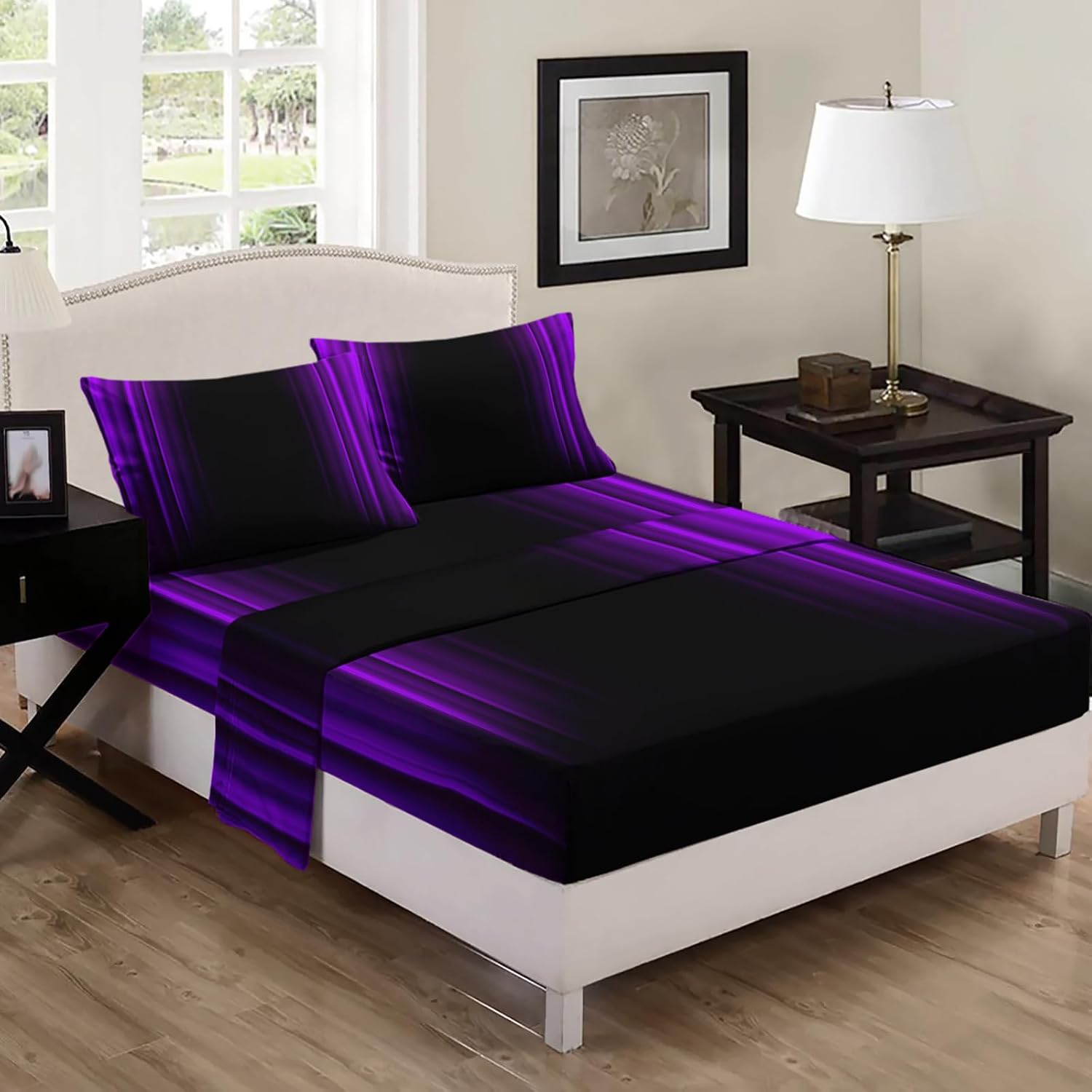 Nttopship Purple and Black 4 Pieces Bed Sheet SetsQUEEN Size Abstract Ombre Bedding Sets with 16" Deep Pockets Abstract Ombre Bedroom Decor,Bedding Set 4 PCS(1 Fitted+1 Flat+2 Pillowcases)