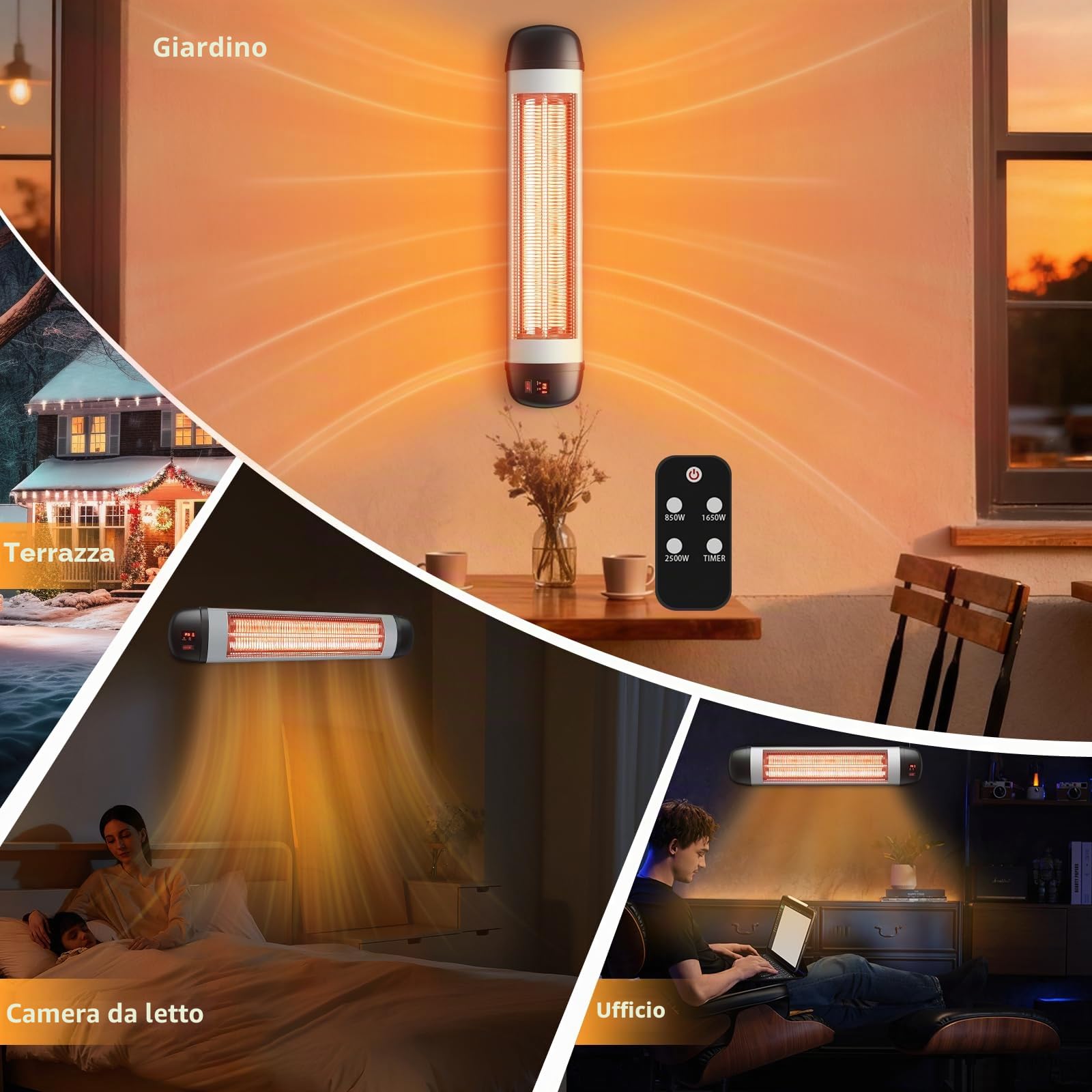 Stufa a infrarossi per terrazze, 2500 W, faretto a infrarossi per esterni, con telecomando, a parete, 3 livelli di riscaldamento, per terrazze, esterni, per bagno, balcone, giardino