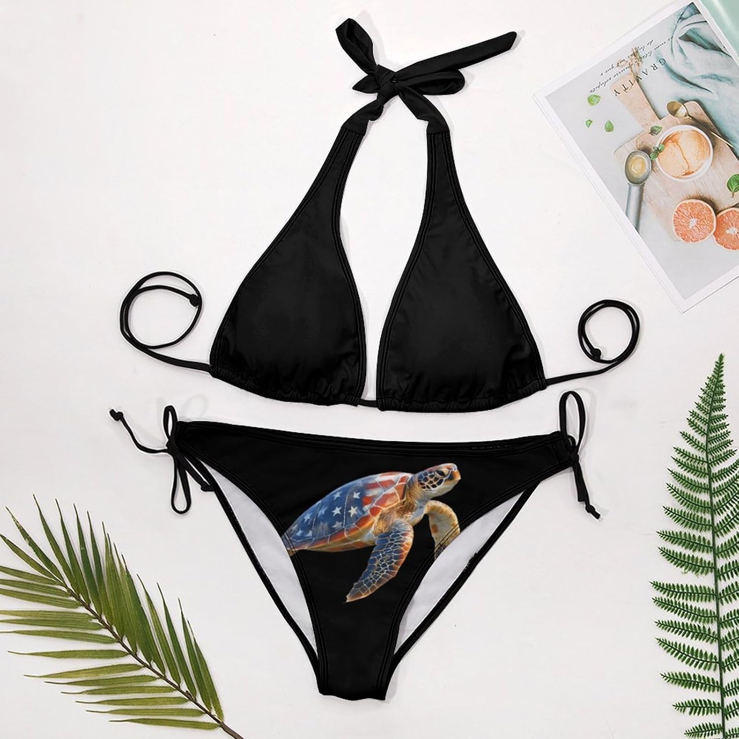 Seaturtle with U.S. Flag Novelty Women's 2 Piece String Bikini Set Swimsuits Bathing Suit Swimwear