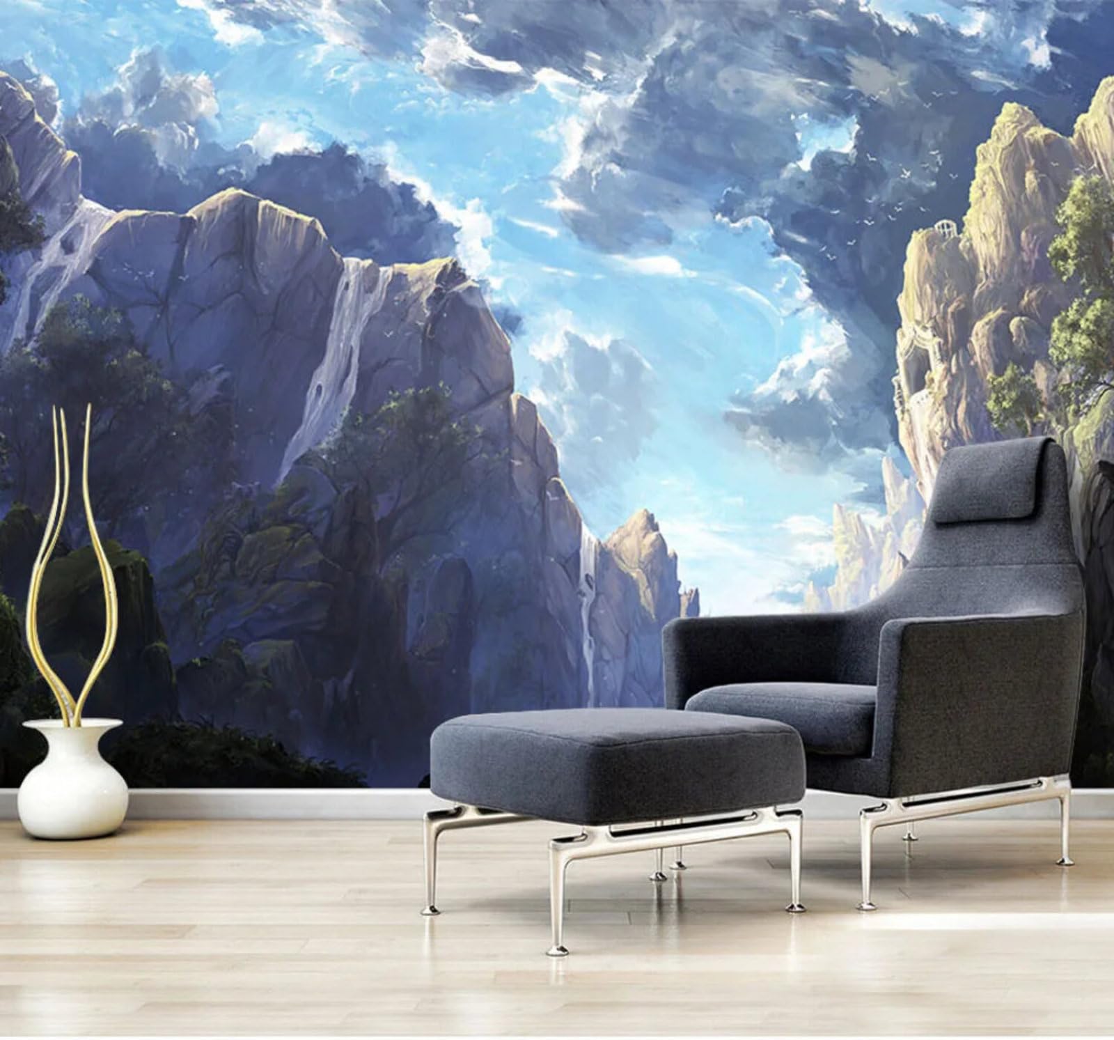 Wallpaper-3D-Xlm 350Cm×256Cm(B×H) Hand Drawn Beautiful Mountains Sky Landscape 3D Wallpaper Easy Install Feature Office Living Room Sofa Bedroom Tv Background Wall Decoration-350Cm×256Cm