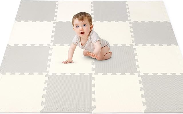 Hello-5ive Foam Play Mat for Baby Kids, Soft EVA Interlocking Puzzle Play Mat Tiles, Thick Playmats & Floor Gyms Indoor Outdoor Activity Center (Grey-Cream 16PCS)
