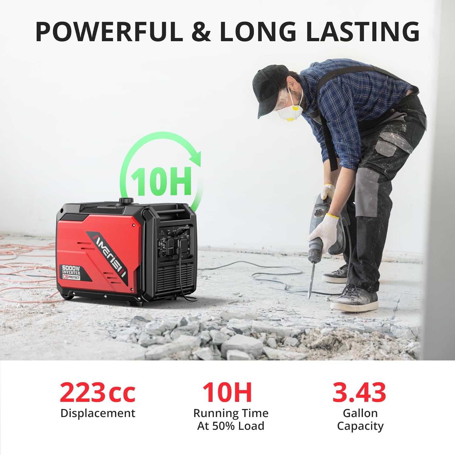 AMERISUN 5000W Portable Inverter Generator, 223cc 4-Stroke Engine, 10H Runtime, CO Sensor, Parallel Ready, 120V/12V/USB Outlets, EPA Compliant, Super Quiet, For RV, Camping & Home Backup