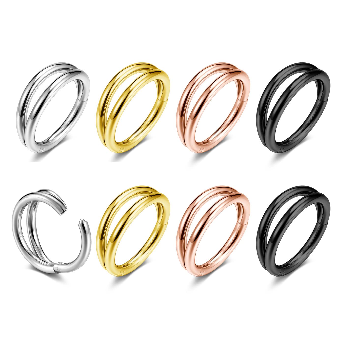 BOPREINA16g Double Nose Rings Hoops Nose Rings for Women Men, Stainless Steel Clicker Septum Hoop Rings Cartilage Helix Earring Lip Daith Conch Body Piercing Jewelry 8mm 10mm