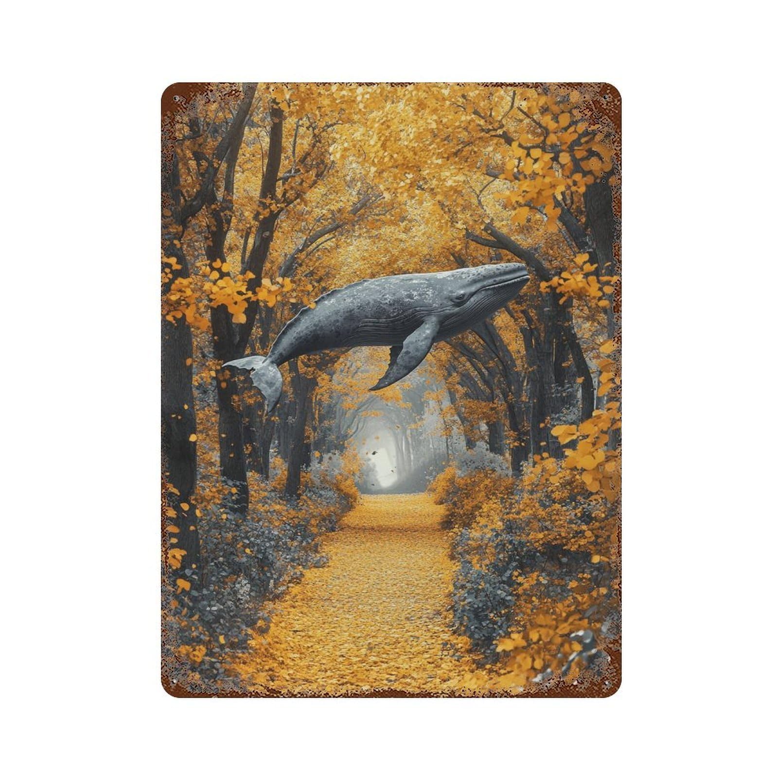 Whale in Autumn Forest Pathway Rusty Metal Tin Sign 15.7"x11.8", Vintage Wall Decor for Garage, Pub Or Kitchen