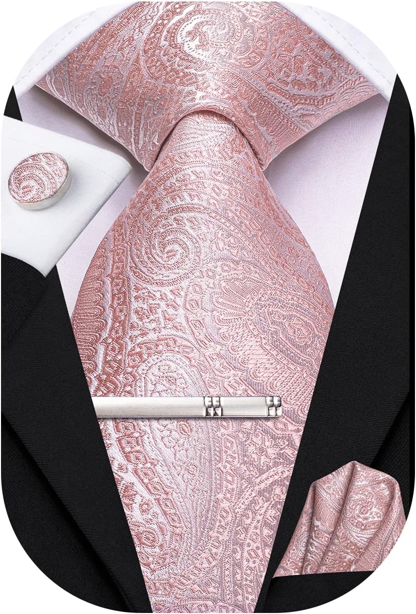Hi-Tie Silk Ties for Men Pink Blue Black Mens Ties Set 4 PCS Necktie Pocket Square Cufflinks Clip Pin for Wedding