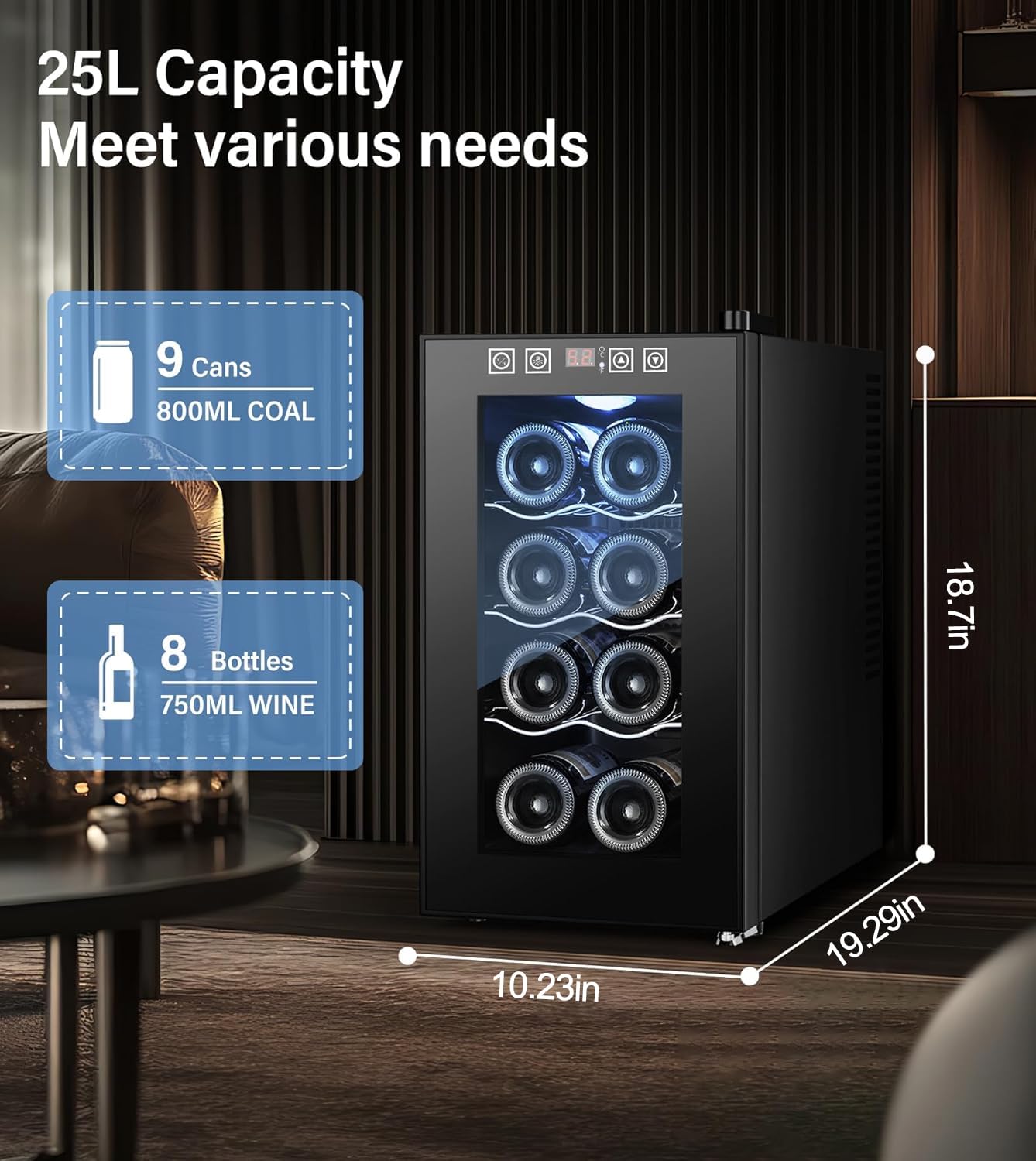 Rlpi 8 Bottle Thermoelectric Wine Fridge, Mini Wine Cooler Refrigerator With LED Touchscreen & Low-E Glass Door, No Vibration Frost-Free Quiet, Countertop/Freestanding, Safety Lock on Fridge.com - View 3