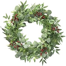 Artificial Eucalyptus Wreath 24 Inch for Front Door, Green Spring Wreath with Red Berries and Eucalyptus Leaves for Wedding Home Decor Outdoor Decor