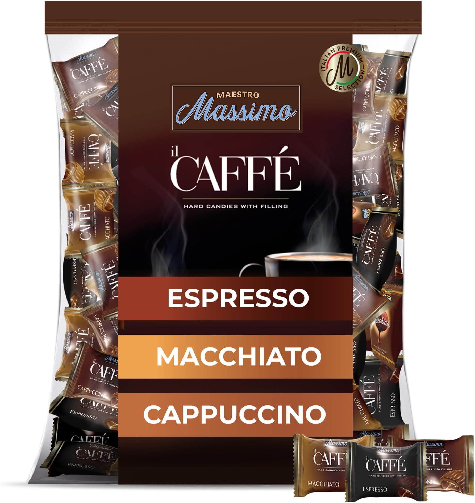 Maestro Massimo Assorted Coffee Candy - Individually Wrapped 2.2 Pound Bulk Bag, 3mg Caffeine per Hard Candy, Original Espresso, Macchiato, Cappuccino Flavored, Made with Bold Arabica Coffee (Pack of 1)