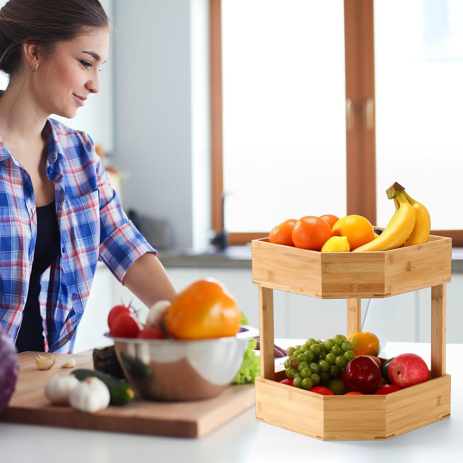 Yerliker 2 Tier Bamboo Corner Shelf Kitchen Fruit Cabinet Organizer Bamboo Corner Fruit Basket for Kitchen Countertop Space Saving Rack Counter Pantry Storage for Vegetables Spice Bottles Plates