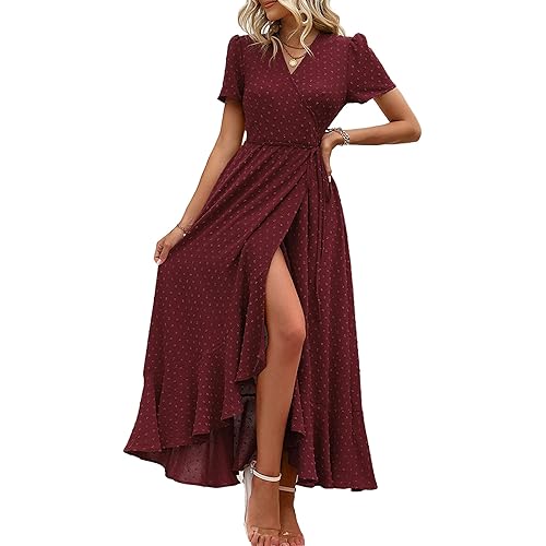 PRETTYGARDEN Women's Summer Wrap Maxi Dress Casual Boho Floral V Neck Short Sleeve Ruffle Hem Split Beach Long Dresses