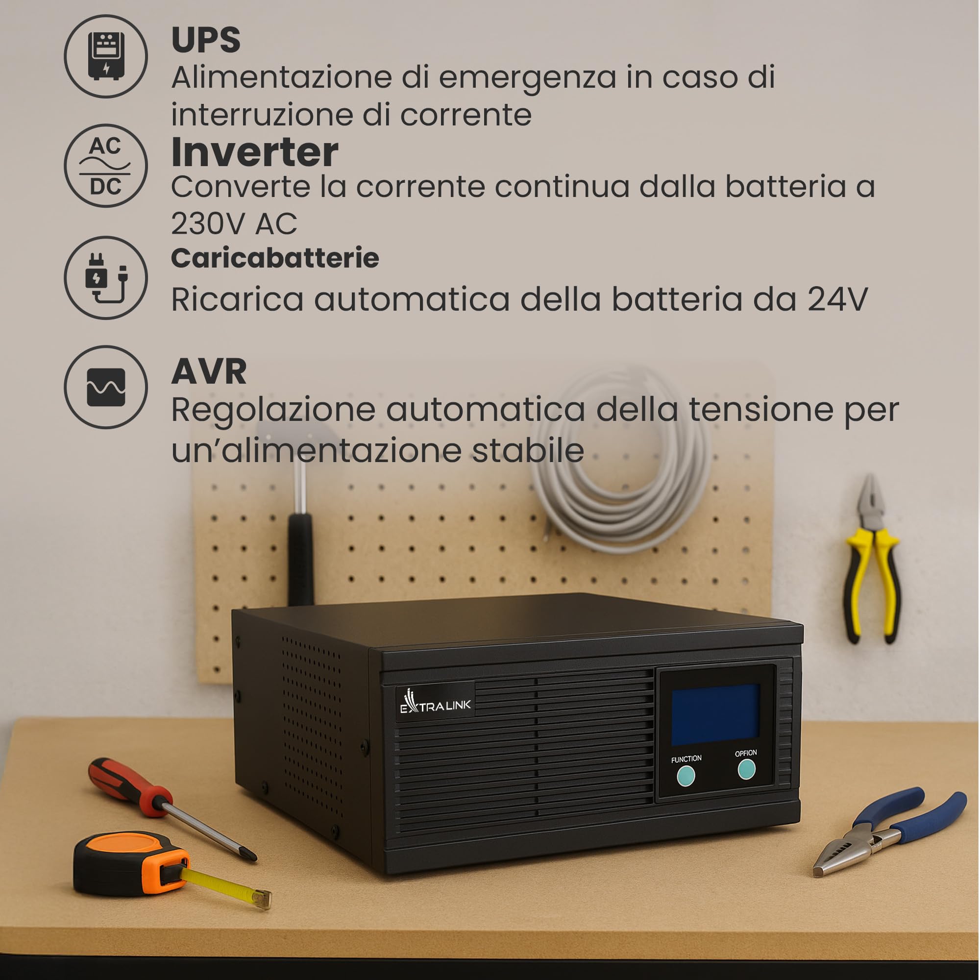 Extralink PIORUN UPS 1200W a onda sinusoidale pura da 24V a 220V | alimentazione di emergenza e inverter con display LCD | gruppo di continuità per riscaldamento, server, dispositivi medici