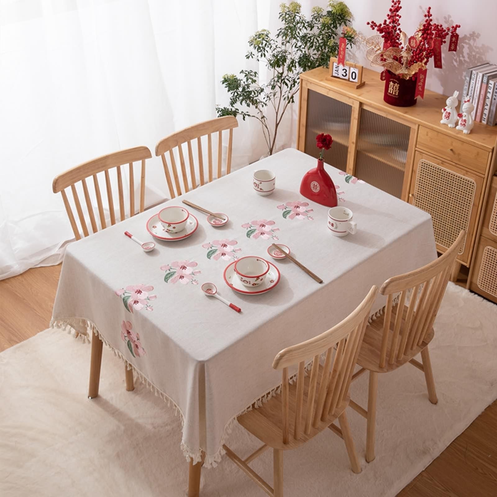 Mantel Mesa Rectangular Antimanchas, 140 x 200 cm, Beige Rosa, Mantel de Poliéster Flor con Borla