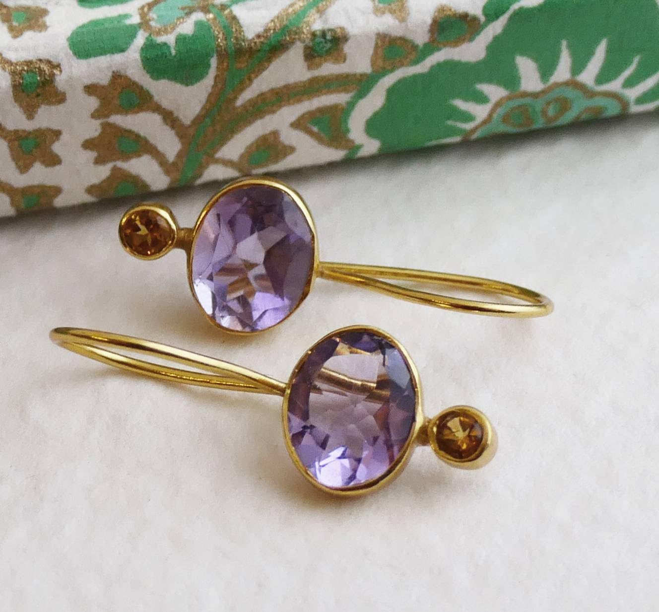 Orecchini Pendenti in Argento Sterling Placcato Oro con Ametista e Citrino - Gioielli Eleganti con Pietre Naturali Viola e Gialle - Stile Raffinato da Donna