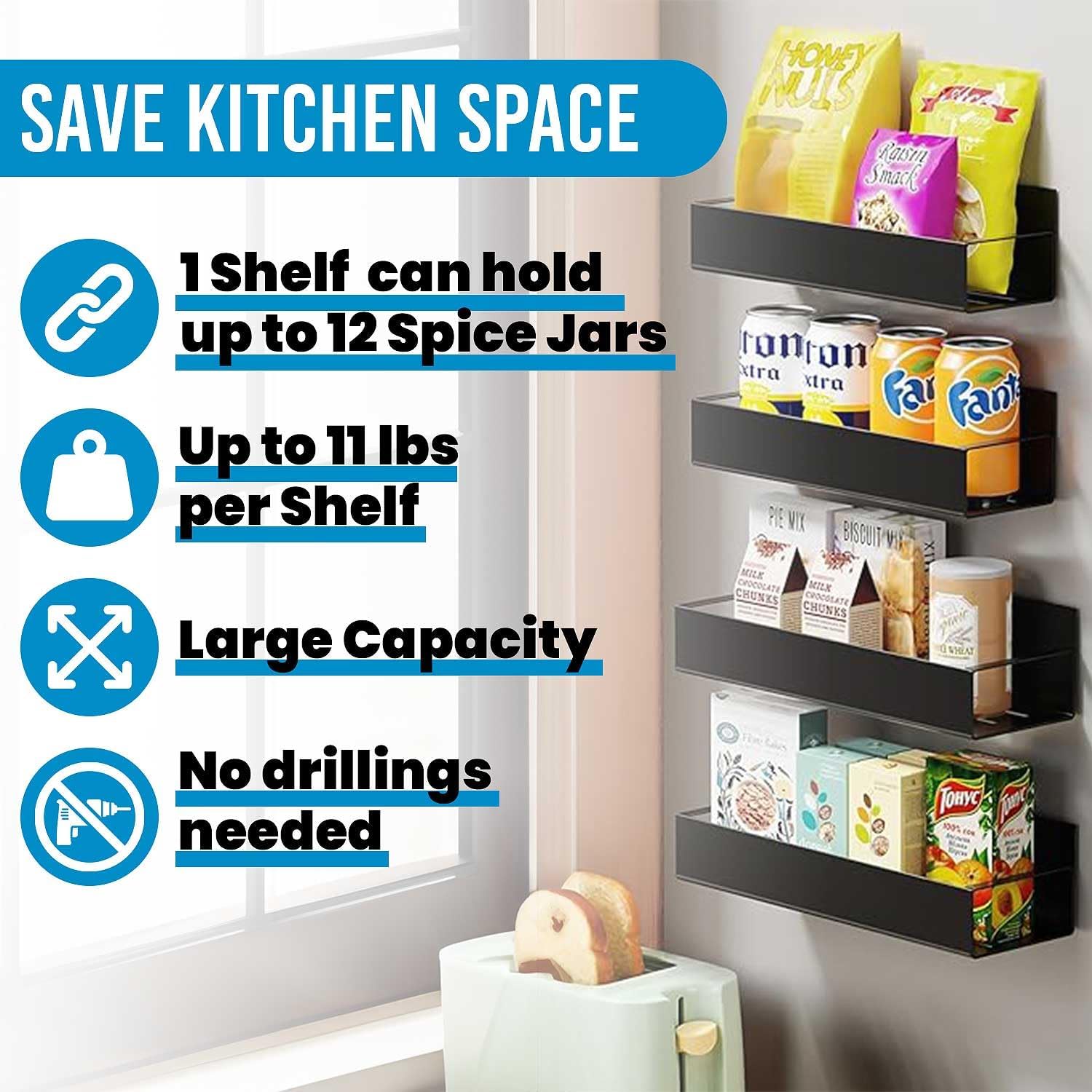 Magnetic Spice Storage Rack Organizer for Kitchen, Refrigerator and Oven, Matt Black Fridge Organizers and Storage (4 Pack)