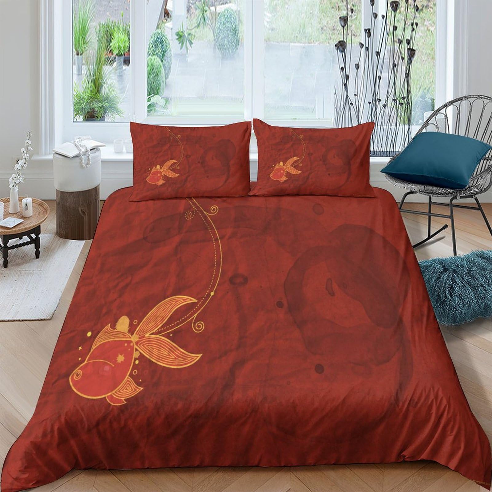 Housse de couette poisson rouge 3D parure lit King 220x240cm