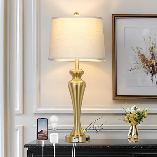 Miniatura 9 de Juego de 2 lámparas de mesa negras de 30 pulgadas, lámpara de sala de estar alta con control táctil con puertos USB A+C y salida de CA, lámparas de